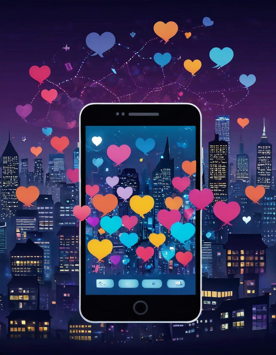 A vibrant and playful illustration of a smartphone with chat bubbles representing flirtatious messages, intertwined with symbols of love and attraction like hearts and arrows. The background features a city skyline at night, glowing with excitement, suggesting nightlife and adventure. Incorporate elements of digital romance with emojis and fun graphics floating around. The color scheme should be bright and engaging, appealing to a youthful audience. vector art. vibrant colors.