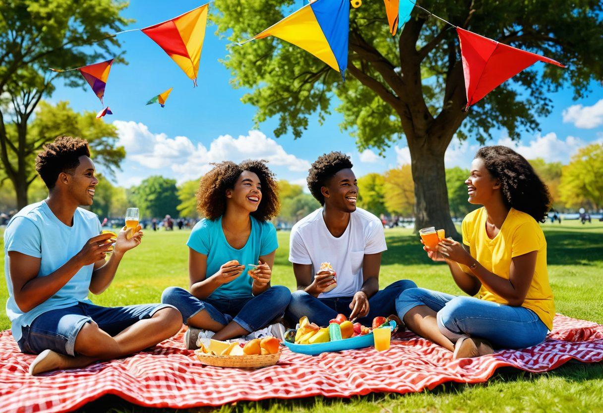 A vibrant and playful scene featuring a diverse group of friends enjoying a sunny park picnic, laughing and sharing food, with a backdrop of colorful kites in the sky, emphasizing joy and connections. Include elements like playful blankets, a picnic basket, and fun games to represent casual dating adventures. super-realistic. vibrant colors. cheerful atmosphere.